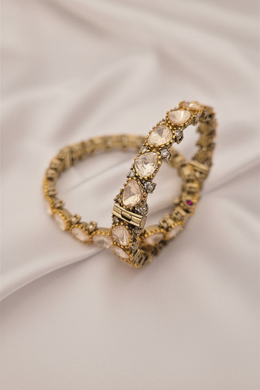 Gold-Plated Polki and White Stone Hinged Kundan Bangle Set