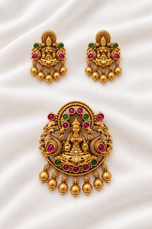 Gold-Plated Antique Lakshmi Multi-Stone Pendant Set with Earrings