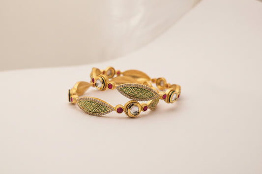 Gold-Plated Kundan and Meenakari Enamel Stone Bangles Set