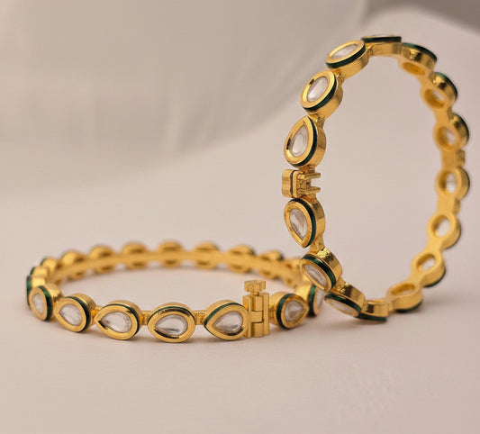 Gold-Plated Teardrop Kundan and Green Enamel Bangle Set