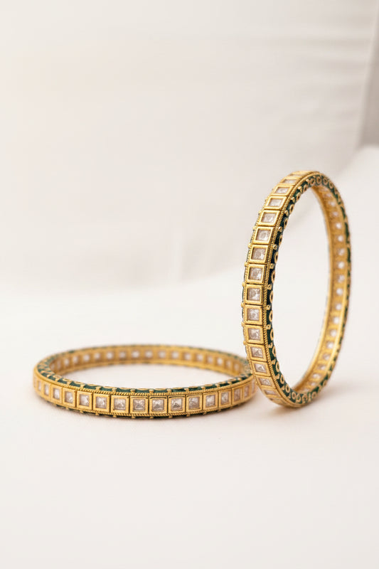 Gold-Plated Square Kundan and Green Enamel Bangle Set