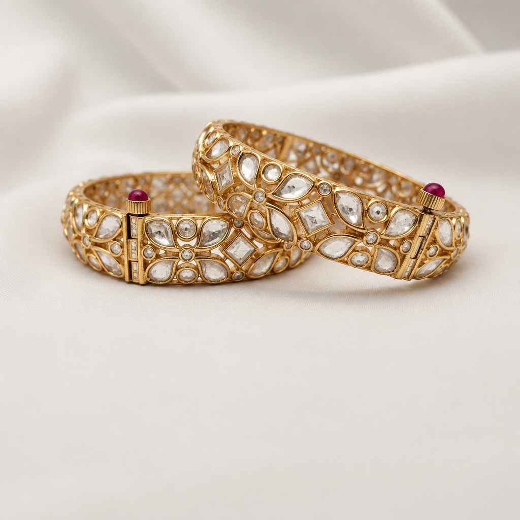 Gold-Plated Polki and White Stone Kundan Bangle Set
