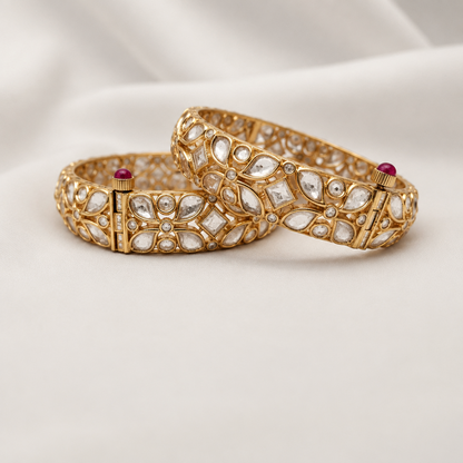 Gold-Plated Polki and White Stone Kundan Bangle Set