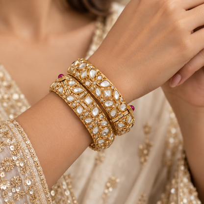 Gold-Plated Polki and White Stone Kundan Bangle Set