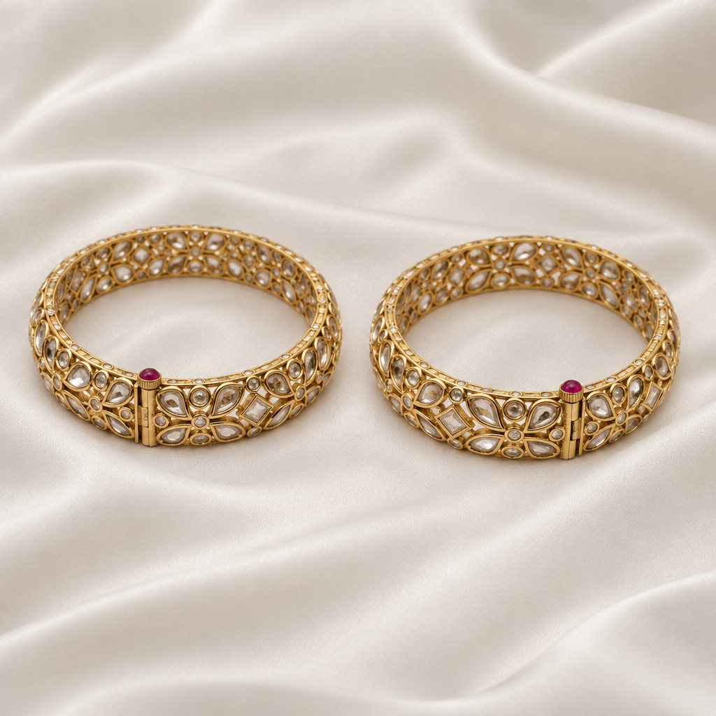 Gold-Plated Polki and White Stone Kundan Bangle Set