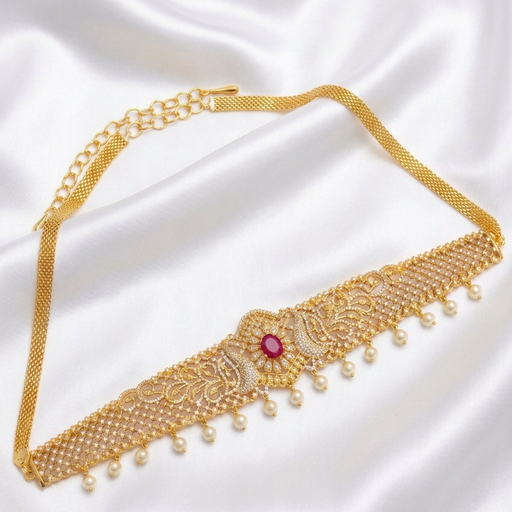 Gold-Plated American Diamond Peacock Design Stone Ottiyanam