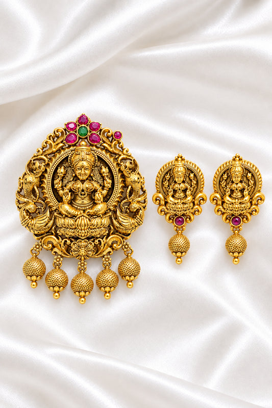 Gold-Plated Antique Peacock Lakshmi Multi-Stone Pendant Set with Earrings