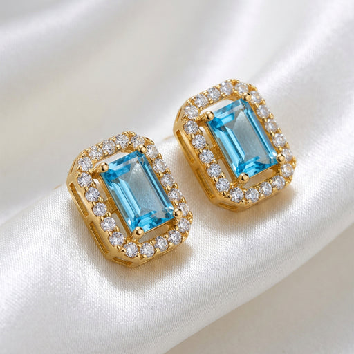 Blue Aquamarine Emerald-Cut Zircon Halo Stud Earrings