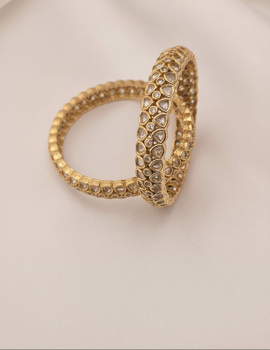 Gold-Plated Polki and White Stone Double-Row Bangle Set