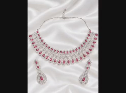 Elegant Red Teardrop Stone Silver-Finish Necklace and Earring Set