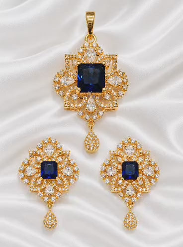 Royal Blue Stone Gold Plated Pendant and Earring Set with White CZ Stones