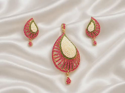 Elegant Teardrop Pearl & Ruby Emerald CZ Stone Pendant Set | Gold Plated Indian Ethnic Jewelry Set