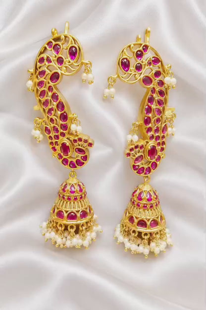 Traditional South Indian Kemp Stone Ear Cuff Jhumka Set with Pearl Hangings