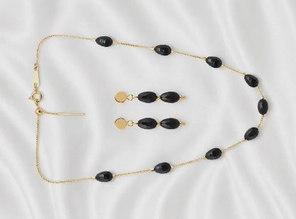 Gold-Plated Black Crystal Bead Chain with Matching Earrings