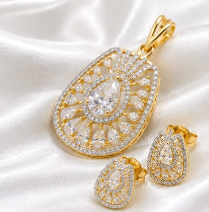 Gold-Plated CZ Pendant Set with Matching Earrings – Elegant Teardrop Design